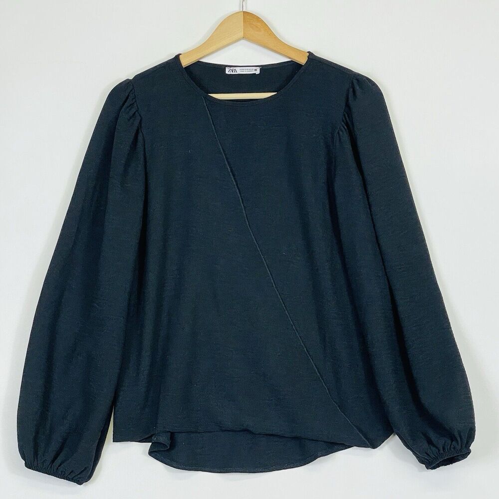 Zara Black Crepe Cross Front Long Puff‎ Sleeve Shirt Top Blouse Women's Small